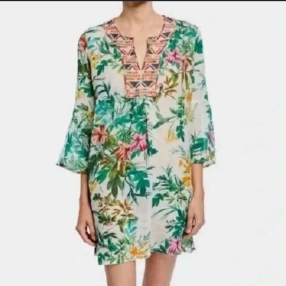 Johnny Was Workshop tropical floral print flare sleeve mini dress beach‎ wear
